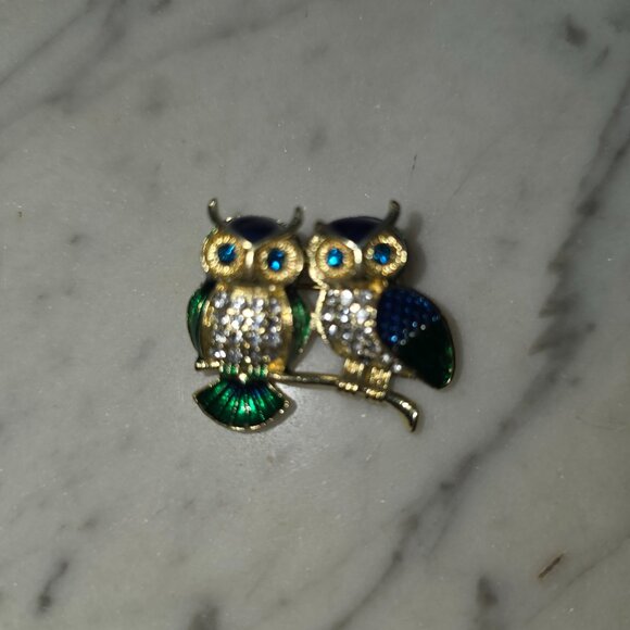 Vintage Double Owl Rhinestone Enamel Brooch Blue Green Gold Tone Pin - Picture 3 of 4